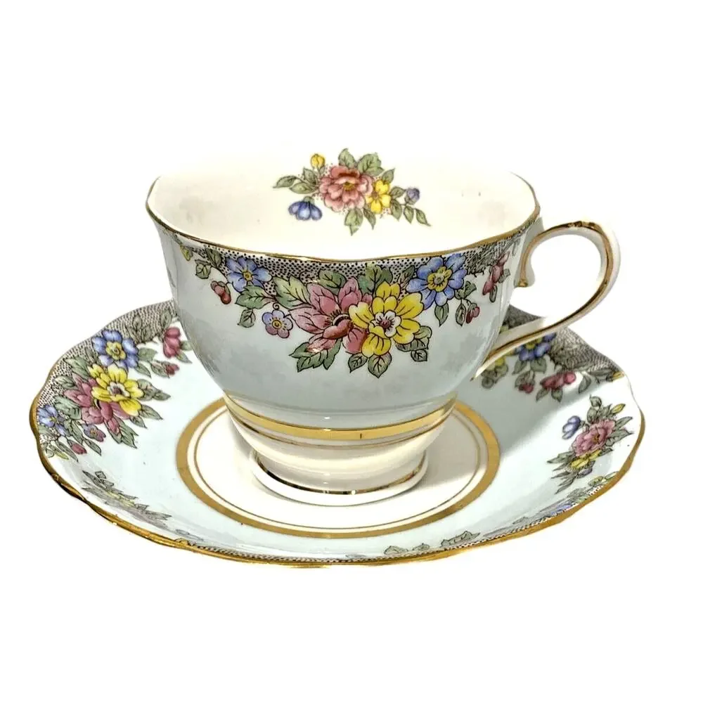 Colclough England Bone China Footed Tea Cup & Saucer Set Pale Blue & Floral